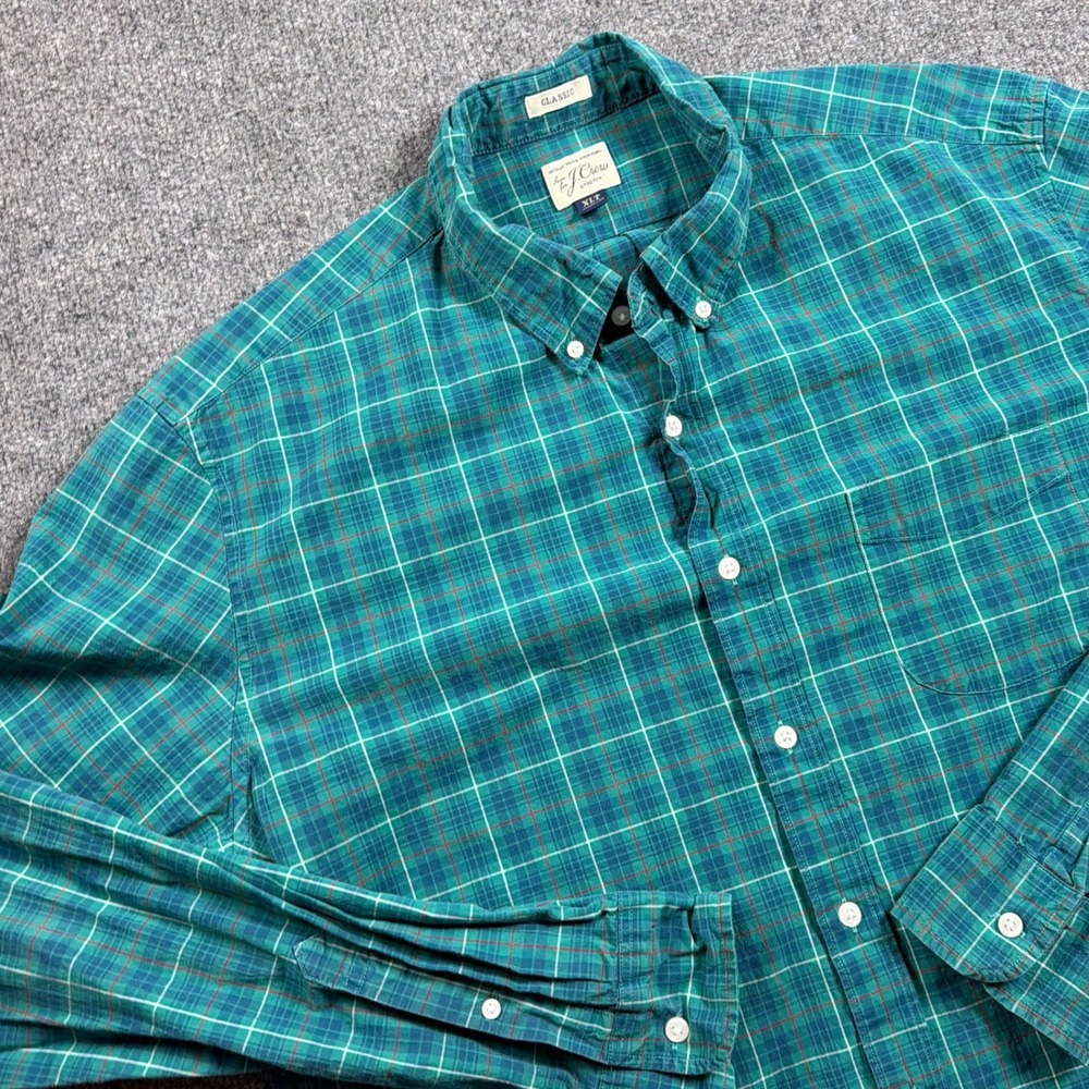 J.Crew Secret Wash Shirt Mens XLT Tall Green Blue Red Plaid Classic Fit Stretch